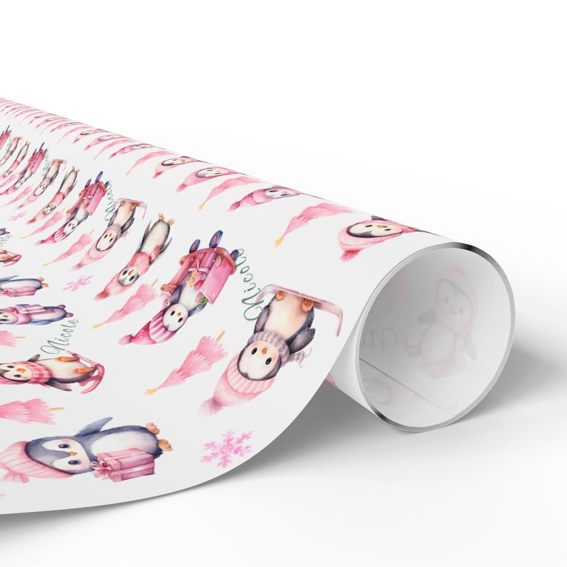 Custom Wrapping Paper Cute Pink Gift Wrap Penguin Wrapping Paper Kawaii Gift Wrap Holiday Wrapping Paper Personalized Name Pink Christmas image 5