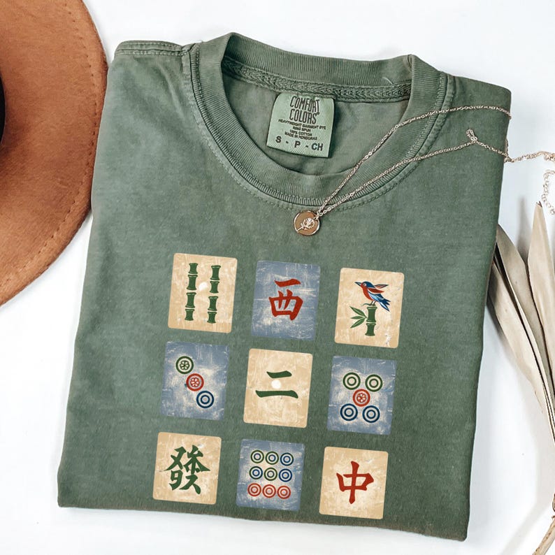 Vintage Mahjong Tiles Shirt, Mah Jongg Tile Art Tee, Retro Mahjong Player Gift, Mahjong Game Night Shirt, Mahjong Lover Graphic Tee Moss