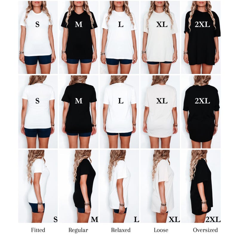 以下が含まれることがあります： S、M、L、XL、2XLの白と黒のTシャツのコレクション。前面、背面、側面からシャツを表示し、さまざまなフィット感を示しています。フィット、レギュラー、リラックス、ルーズ、オーバーサイズ。