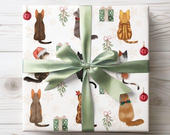 Cats Christmas Wrapping Paper, Cat Owner Holiday Gift Wrap Roll, Wrapping Paper for Cat Lovers, Festive Gift Wrap Watercolor Cats Christmas