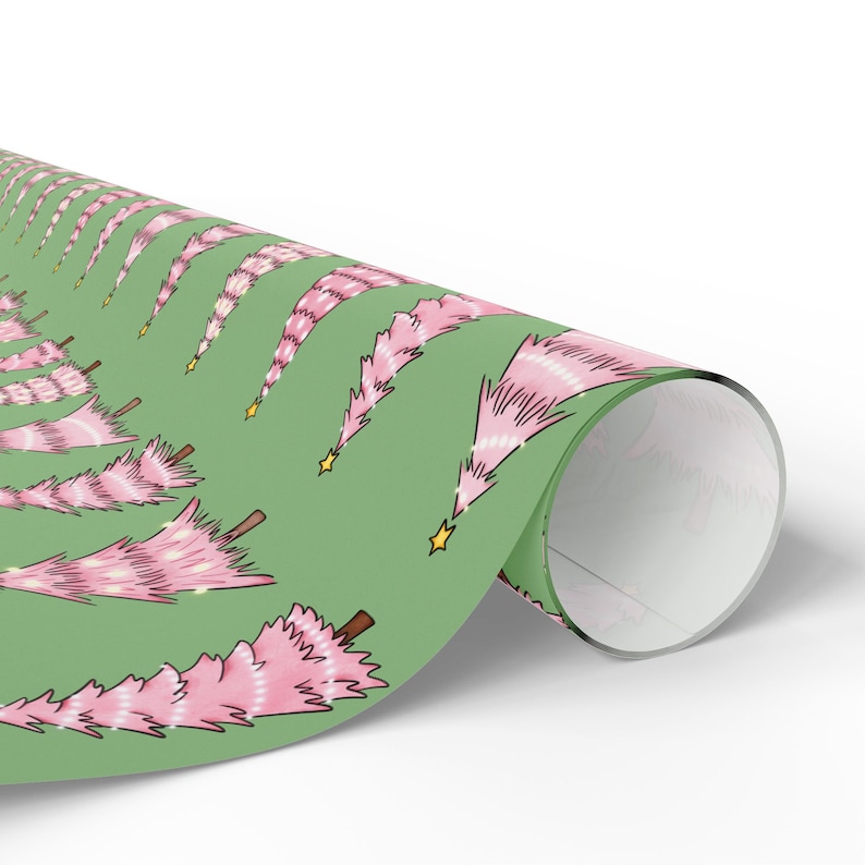 Pink Christmas Trees Wrapping Paper, Pinkmas Gift Wrap, Cute Christmas Wrapping Paper, Holiday Gift Wrap, Pink and Green Gift Wrapping Paper image 3