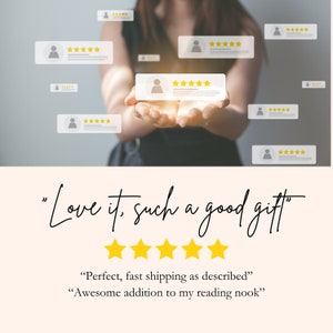 a woman holding a card with five stars on it