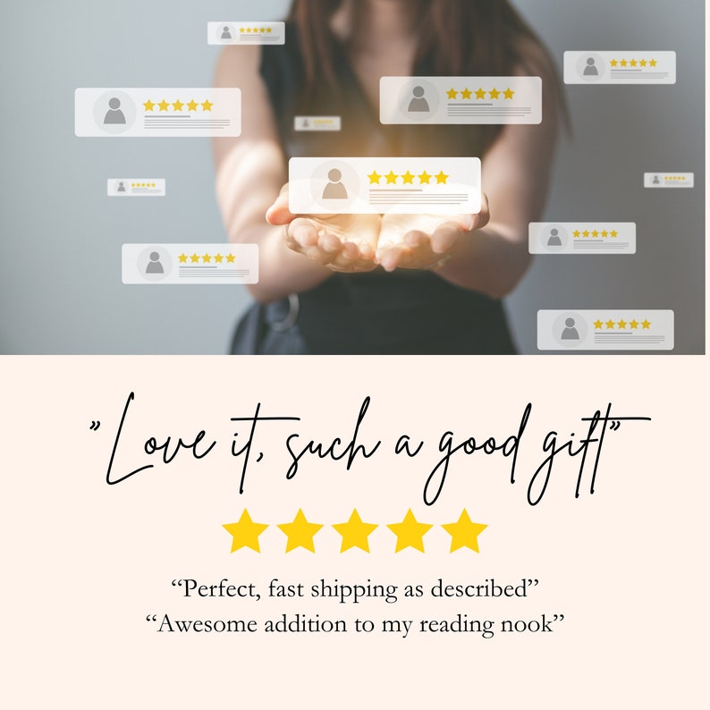 a woman holding a card with five stars on it