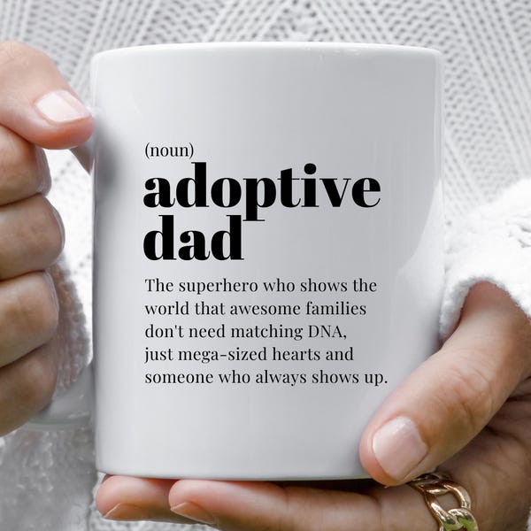 Taza de café para papá adoptivo, regalo para el Día de la Adopción, taza para papá adoptivo, regalo para el Día del Padre, taza y posavasos para padres adoptivos, regalo divertido para la adopción.