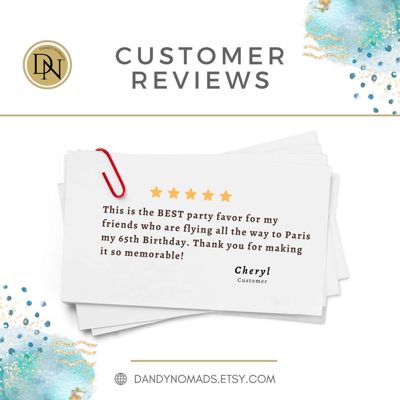 May include: A customer review with five stars and a testimonial about a party favor. The review reads, "This is the BEST party favor for my friends who are flying all the way to Paris my 65th Birthday. Thank you for making it so memorable!" - Cheryl, Customer.