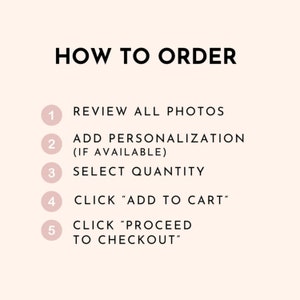 Puede incluir: Una imagen con el texto "HOW TO ORDER" en la parte superior, seguida de pasos numerados: revisar fotos, agregar personalizaci&oacute;n, seleccionar cantidad, hacer clic en "agregar al carrito" y hacer clic en "proceder al pago".