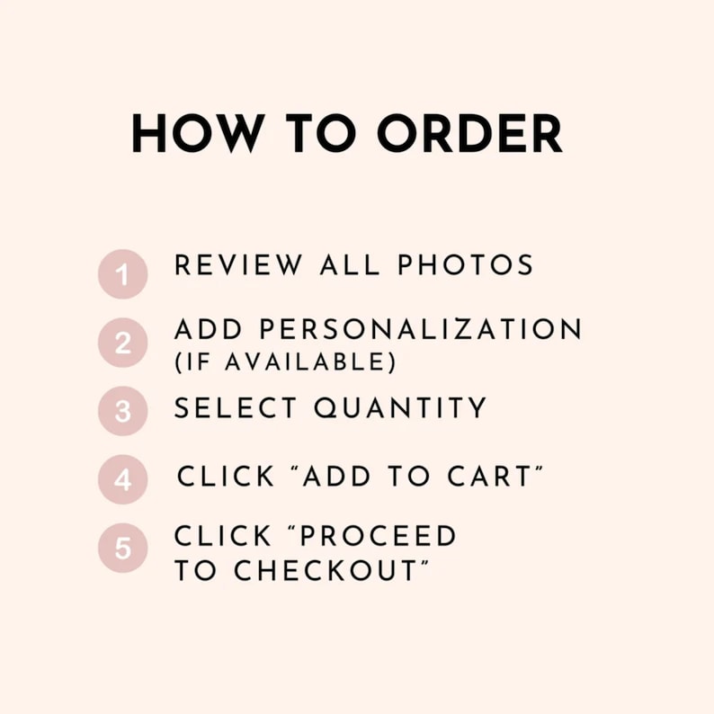 Puede incluir: Una imagen con el texto "HOW TO ORDER" en la parte superior, seguida de pasos numerados: revisar fotos, agregar personalizaci&oacute;n, seleccionar cantidad, hacer clic en "agregar al carrito" y hacer clic en "proceder al pago".