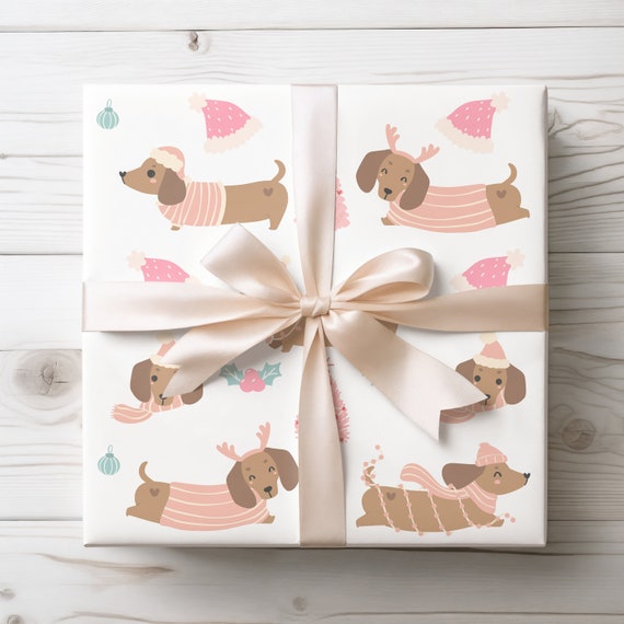 Pink Dachshund Christmas Wrapping Paper, Wiener Dog Gift Wrap, Sausage Dog Wrapping Paper Roll, Doxie Gift Wrap Christmas, Dachshund Paper