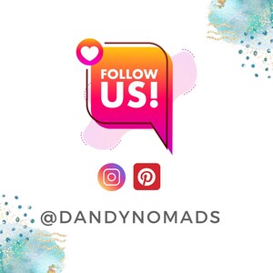 K&ouml;nnte beinhalten: Eine rosa und orangefarbene Sprechblase mit einem wei&szlig;en Herzen und dem Text "FOLLOW US!"  Unter der Sprechblase befinden sich Symbole f&uuml;r Instagram und Pinterest. Der Text "@DANDYNOMADS" befindet sich unter den Symbolen.