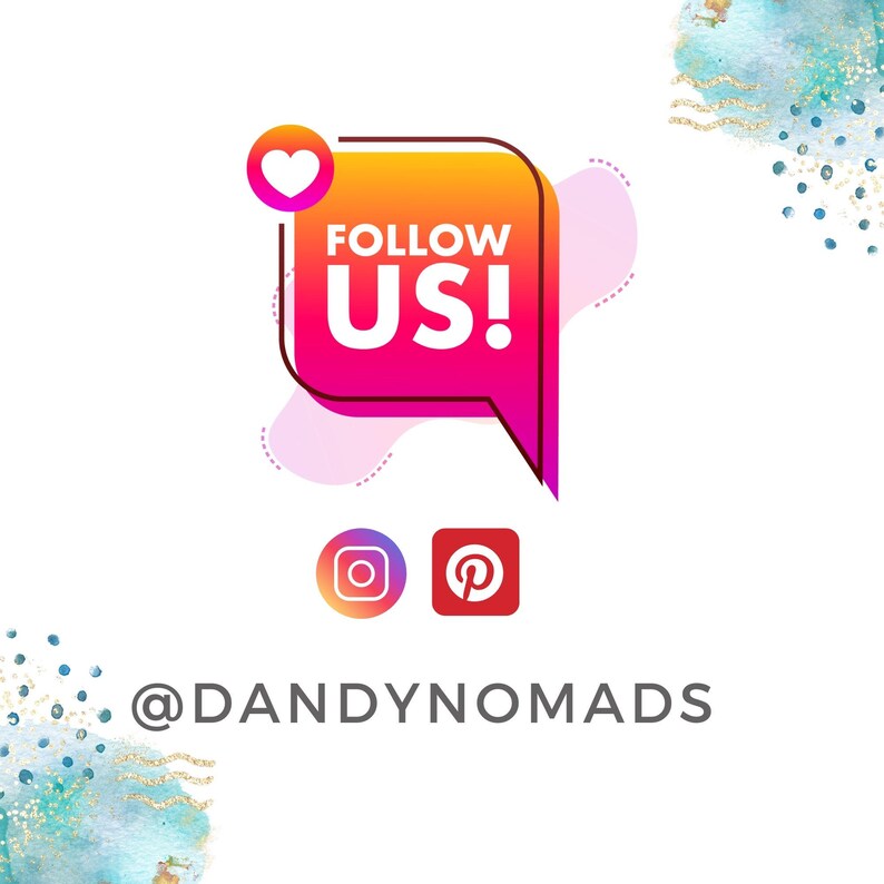 K&ouml;nnte beinhalten: Eine rosa und orangefarbene Sprechblase mit einem wei&szlig;en Herzen und dem Text "FOLLOW US!"  Unter der Sprechblase befinden sich Symbole f&uuml;r Instagram und Pinterest. Der Text "@DANDYNOMADS" befindet sich unter den Symbolen.