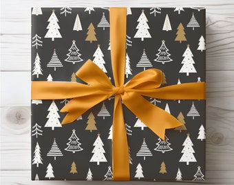 Black and White Christmas Gift Wrap, Christmas Trees Wrapping Paper Holiday Gift Wrap Roll Classic Christmas Wrapping Paper Winter Gift Wrap