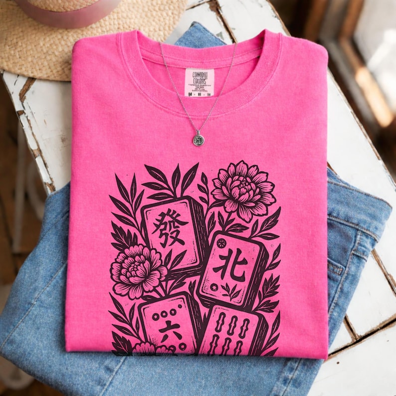 Retro Linocut Mahjong Floral Shirt, Comfort Colors® Mahj Tee, Vintage Game Night T-Shirt Crunchberry