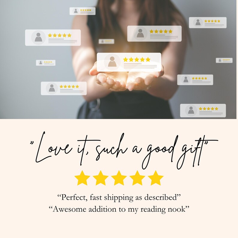 Puede incluir: Una persona sosteniendo tarjetas de revisi&oacute;n flotantes con calificaciones de cinco estrellas. La imagen incluye el texto "Love it, such a good gift" y citas de clientes.