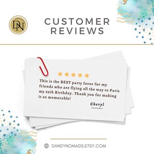 K&ouml;nnte beinhalten: Eine Kundenbewertung mit f&uuml;nf Sternen und einem Erfahrungsbericht &uuml;ber ein Partygeschenk. Die Bewertung lautet: "Das ist das BESTE Partygeschenk f&uuml;r meine Freunde, die extra nach Paris fliegen, um meinen 65. Geburtstag zu feiern. Vielen Dank, dass Sie es so unvergesslich gemacht haben!" - Cheryl, Kundin.