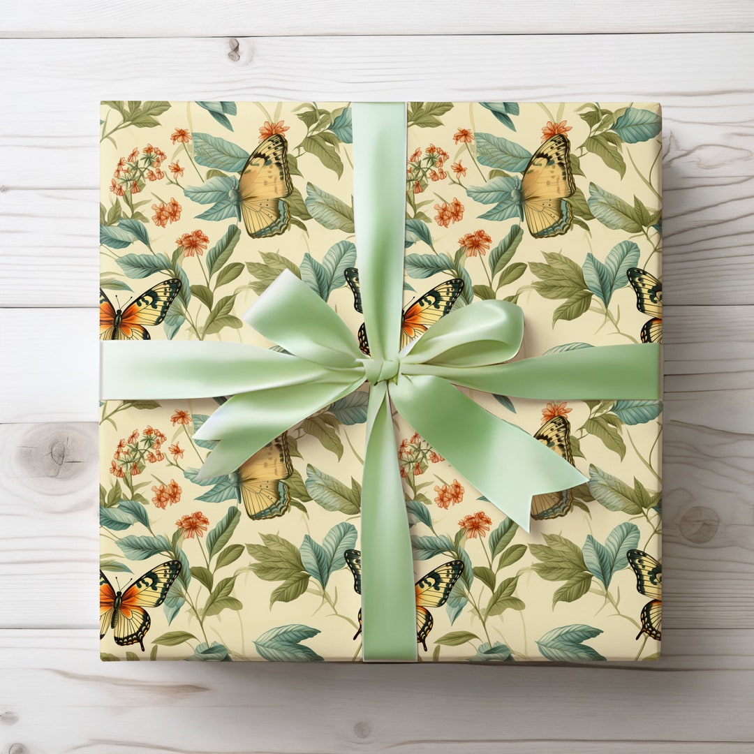 Butterflies Botanical Wrapping Paper, Garden Birthday Gift Wrap Roll ...