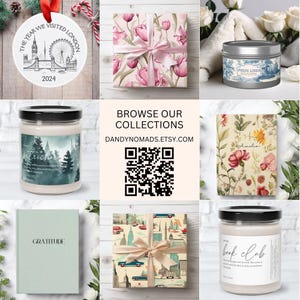 K&ouml;nnte beinhalten: Eine Sammlung von Geschenkartikeln, darunter ein London-Ornament, Geschenkverpackungen mit Blumenmustern, Kerzen und ein Notizbuch. Der Ornamenttext lautet "The Year We Visited London 2024". Ein QR-Code f&uuml;r DANDYNOMADS.ETSY.COM ist ebenfalls zu sehen.