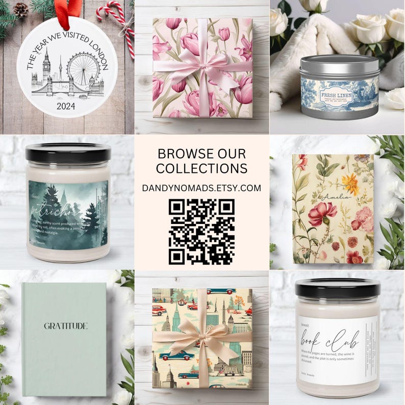 K&ouml;nnte beinhalten: Eine Sammlung von Geschenkartikeln, darunter ein London-Ornament, Geschenkverpackungen mit Blumenmustern, Kerzen und ein Notizbuch. Der Ornamenttext lautet "The Year We Visited London 2024". Ein QR-Code f&uuml;r DANDYNOMADS.ETSY.COM ist ebenfalls zu sehen.