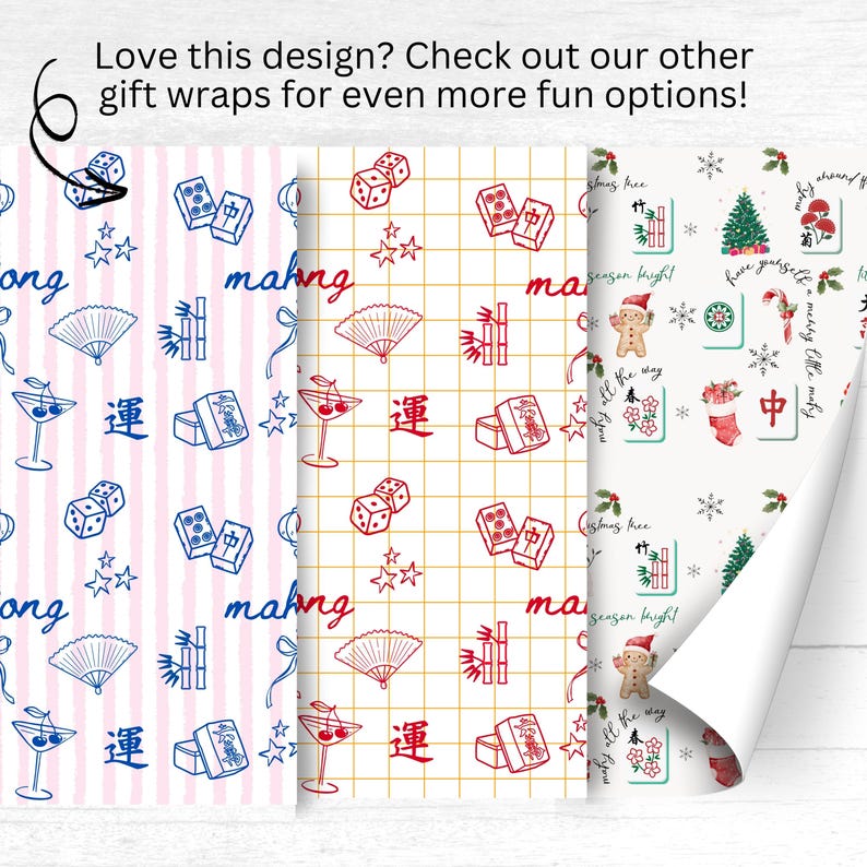 May include: Three rolls of gift wrap with different patterns. One has pink stripes with blue Mahjong tiles, dice, and fans. Another has a gold grid with red Mahjong tiles, dice, and fans. The third has Christmas-themed elements.