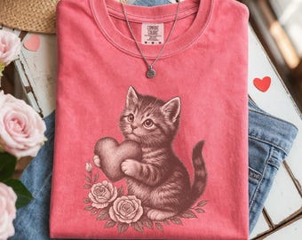 Cottagecore Kitten T-Shirt, Comfort Colors® Valentines Day Tee, Retro Cat Shirt