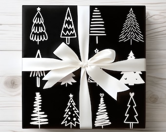Black and White Christmas Trees Wrapping Paper, Minimalist Holiday Gift Wrap, Classic Wrapping Paper, Modern Black Christmas Gift Wrap Roll
