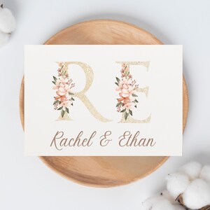 Carte de voeux d'anniversaire avec prénoms personnalisés, carte avec initiales, faire-part d'anniversaire de mariage, fête de fiançailles, faire-part de mariage personnalisé floral