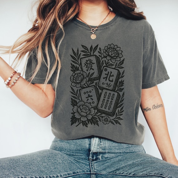 Retro Linocut Mahjong Floral Shirt, Comfort Colors® Mahj Tee, Vintage Game Night T-Shirt