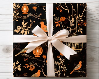 Black Chinoiserie Bird Gift Wrap, Elegant Floral Wrapping Paper