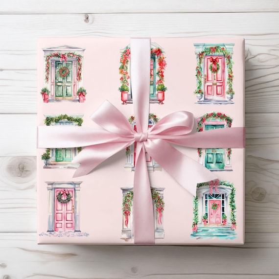 Pink Christmas Wrapping Paper, Christmas Doors Gift Wrap for Her, Unique Wrapping Paper Rolls, Girls Christmas Gift Wrap, Cute Holiday Paper