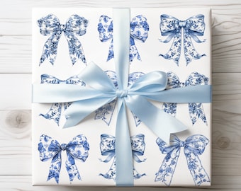 Blue Coquette Wrapping Paper, Girls Gift Wrap Roll, Bows Wrapping Paper, Holiday Gift Wrap, Coquette Birthday Wrap, Christmas Blue Gift Wrap