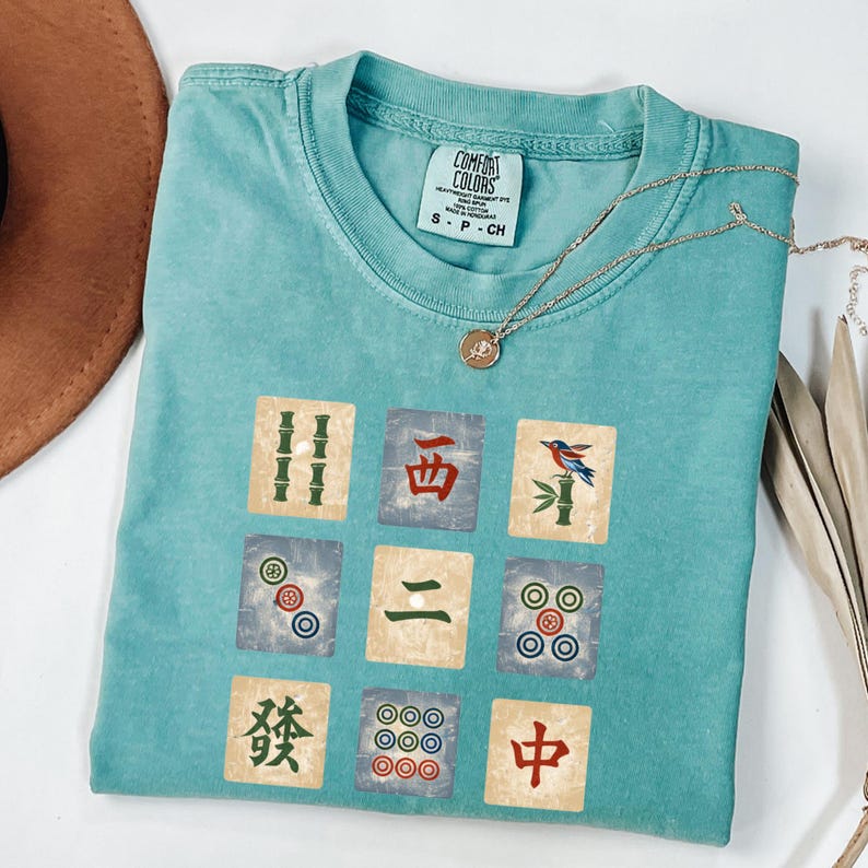 Vintage Mahjong Tiles Shirt, Mah Jongg Tile Art Tee, Retro Mahjong Player Gift, Mahjong Game Night Shirt, Mahjong Lover Graphic Tee Seafoam