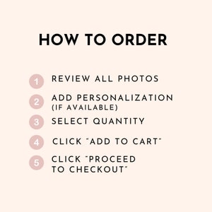 May include: A graphic with the text "HOW TO ORDER" and numbered steps. The steps include reviewing photos, adding personalization, selecting quantity, clicking "Add to Cart," and proceeding to checkout. The background is a light pink.
