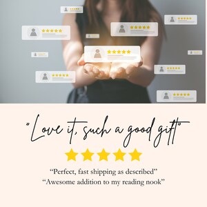 May include: A person holding floating review cards with gold star ratings. The text reads "Love it, such a good gift." Additional text includes "Perfect, fast shipping as described" and "Awesome addition to my reading nook."