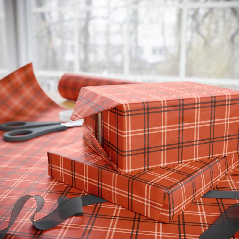 Fall Wrapping Paper, Orange Plaid Gift Wrap Holiday Wrapping Paper Fall