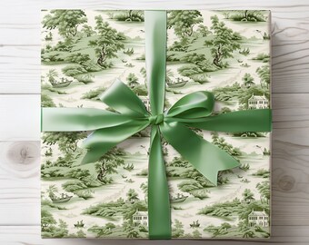 Green Toile Wrapping Paper, Chinoiserie Gift Wrap Roll, Birthday Wrapping Paper English Countryside Gift Wrap Green Christmas Wrapping Paper