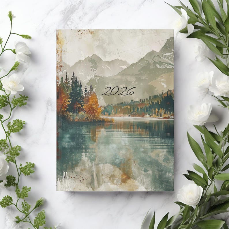 K&ouml;nnte beinhalten: Ein Notizbuch mit Landschaftsmotiv. Der Einband zeigt ein Aquarellgem&auml;lde einer Bergkette, eines Sees und B&auml;umen in Gr&uuml;n-, Braun- und Oranget&ouml;nen. Das Jahr "2026" ist in schwarzer Schrift auf der Vorderseite geschrieben.