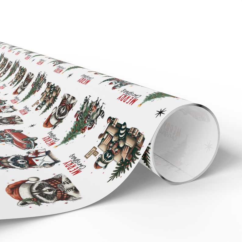 Funny Wrapping Paper, White Christmas Gift Wrap, Raccoon Wrapping Paper, Animals Holiday Gift Wrap, White Wrapping Paper Woodland Animals image 4
