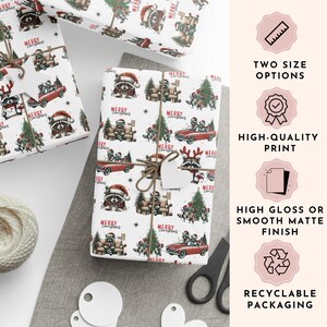 May include: Christmas-themed wrapping paper featuring a repeating pattern of raccoons wearing Santa hats, driving cars, and sitting on couches. The words "Merry Christmas" are printed throughout the design. The paper is wrapped around gifts and tied with twine.