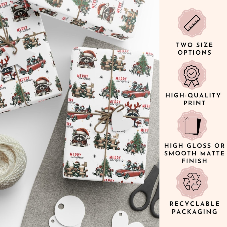 May include: Christmas-themed wrapping paper featuring a repeating pattern of raccoons wearing Santa hats, driving cars, and sitting on couches. The words "Merry Christmas" are printed throughout the design. The paper is wrapped around gifts and tied with twine.