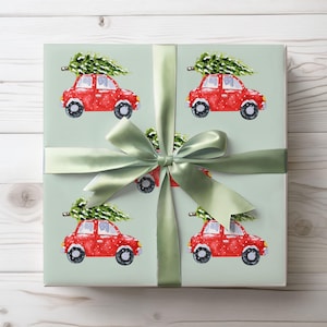 Green Christmas Wrapping Paper, Classic Holiday Gift Wrap Christmas Wrapping Paper Rolls Watercolor Cars Christmas Trees Gift Wrap Christmas