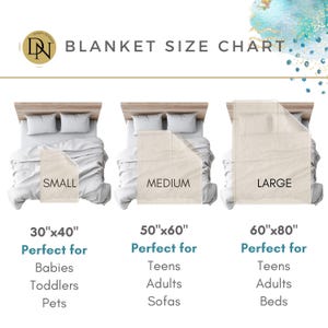 May include: A chart showing three different sizes of blankets with their dimensions and suggested uses. The smallest blanket is 30 inches by 40 inches and is perfect for babies, toddlers, and pets. The medium blanket is 50 inches by 60 inches and is perfect for teens, adults, and sofas. The largest blanket is 60 inches by 80 inches and is perfect for teens, adults, and beds.