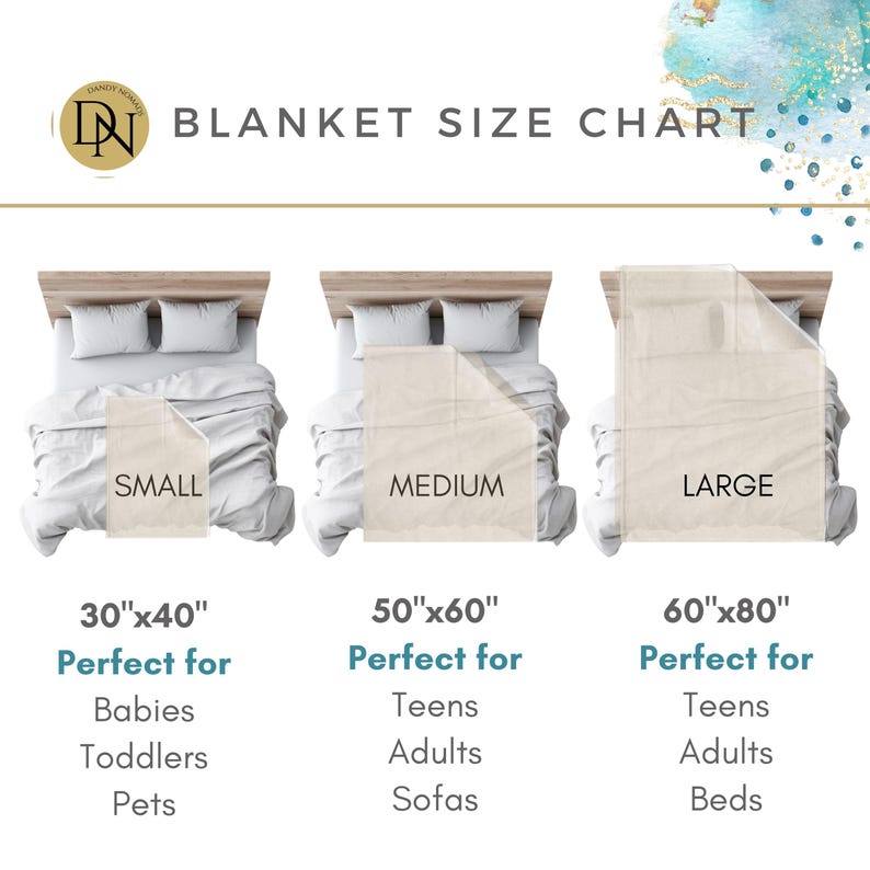 May include: A chart showing three different sizes of blankets with their dimensions and suggested uses. The smallest blanket is 30 inches by 40 inches and is perfect for babies, toddlers, and pets. The medium blanket is 50 inches by 60 inches and is perfect for teens, adults, and sofas. The largest blanket is 60 inches by 80 inches and is perfect for teens, adults, and beds.