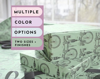 Green London Wrapping Paper, London Gift Wrap Roll, Holiday Gift Wrapping, London England Birthday Gift Wrap for Travel Lovers Christmas