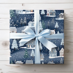 Winter Gift Wrapping Paper, Blue and White Landscape Gift Wrap Roll, Christmas Houses Wrapping Paper, Holiday Gift Wrap, Blue Wrapping Paper