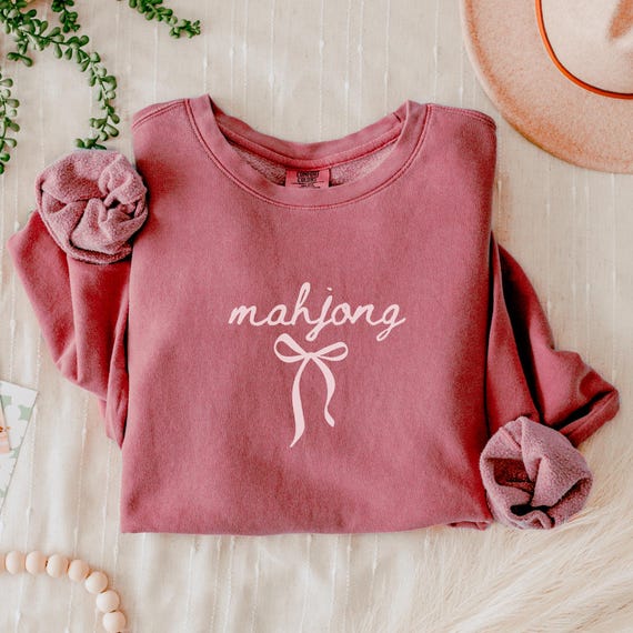 Cute Mahjong Sweatshirt with Bow, Comfort Colors Crewneck, American Mah Jongg Gift for Her, Game Night Sweater