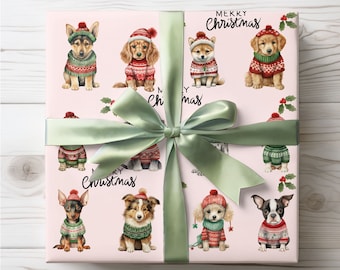 Dogs Christmas Wrapping Paper, Dog Gift Wrap, Dog Lovers Wrapping Paper Roll, Pink Christmas Gift Wrap for Dog Owners, Dog Mom Gift Paper