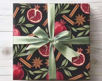 Pomegranate Gift Wrap, Vintage Botanical Wrapping Paper Rolls, Elegant Winter Gift Packaging