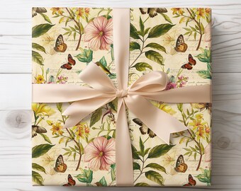 Floral Gift Wrapping Paper with Butterflies, Birthday Wrapper for Her, Romantic Gift Wrap for Her