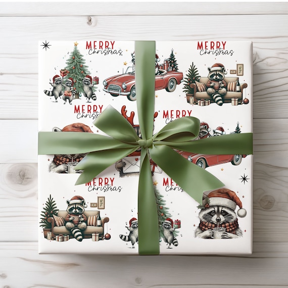 Funny Wrapping Paper, White Christmas Gift Wrap, Raccoon Wrapping Paper, Animals Holiday Gift Wrap, White Wrapping Paper Woodland Animals