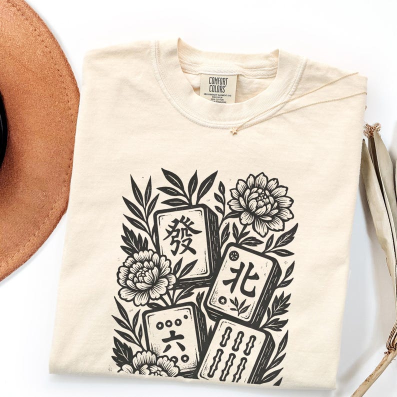 Retro Linocut Mahjong Floral Shirt, Comfort Colors® Mahj Tee, Vintage Game Night T-Shirt Ivory
