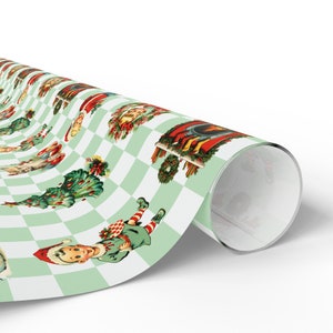 Papel de regalo navideño vintage de los años 50, rollo de papel de regalo moderno de mediados de siglo, papel de regalo navideño verde retro, papel de regalo navideño clásico. imagen 4